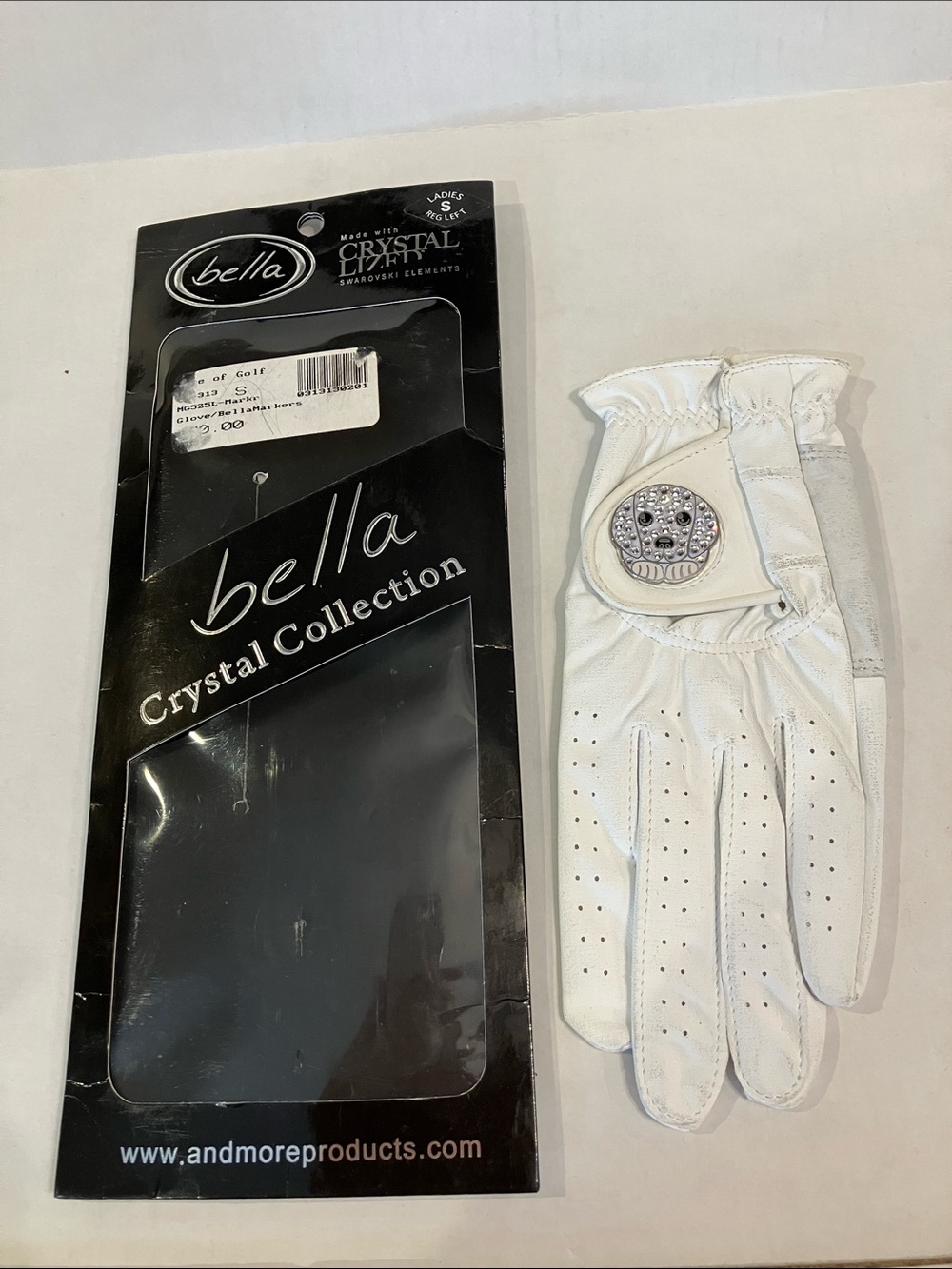 Bella brand white  Ladies Golf Glove with Swarovski Crystal Emblem